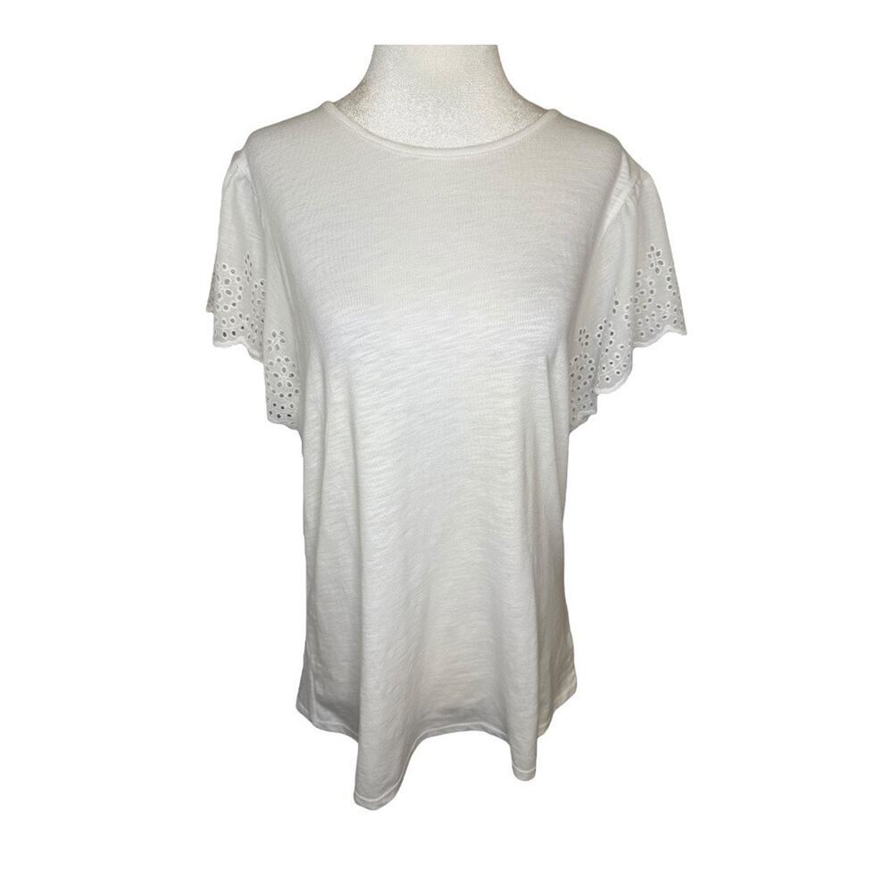 NWOT CeCe Women's XL White Eyelet Flutter Sleeve Scoop Neck Tee